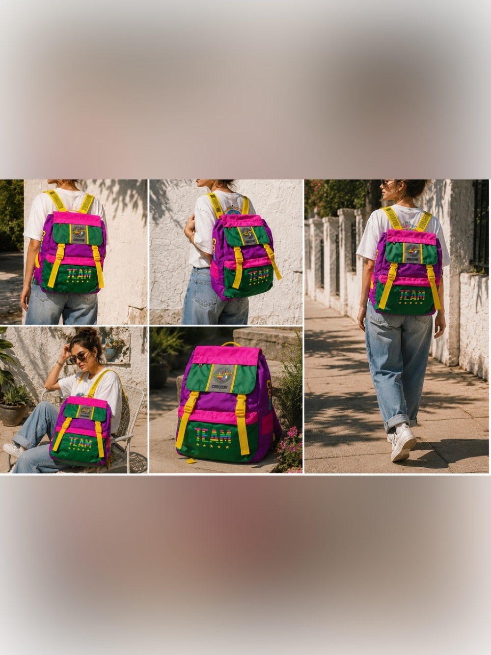 💜💚💛 Vintage CHENSON 80s/90s Colorblock Backpack – New With Tags (NOS) - Picture 3 of 4